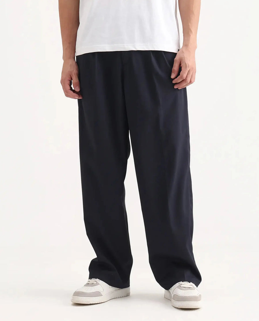 Rare Rabbit Men's Enzot Navy Cotton Plain Relaxed Fit Trouser
