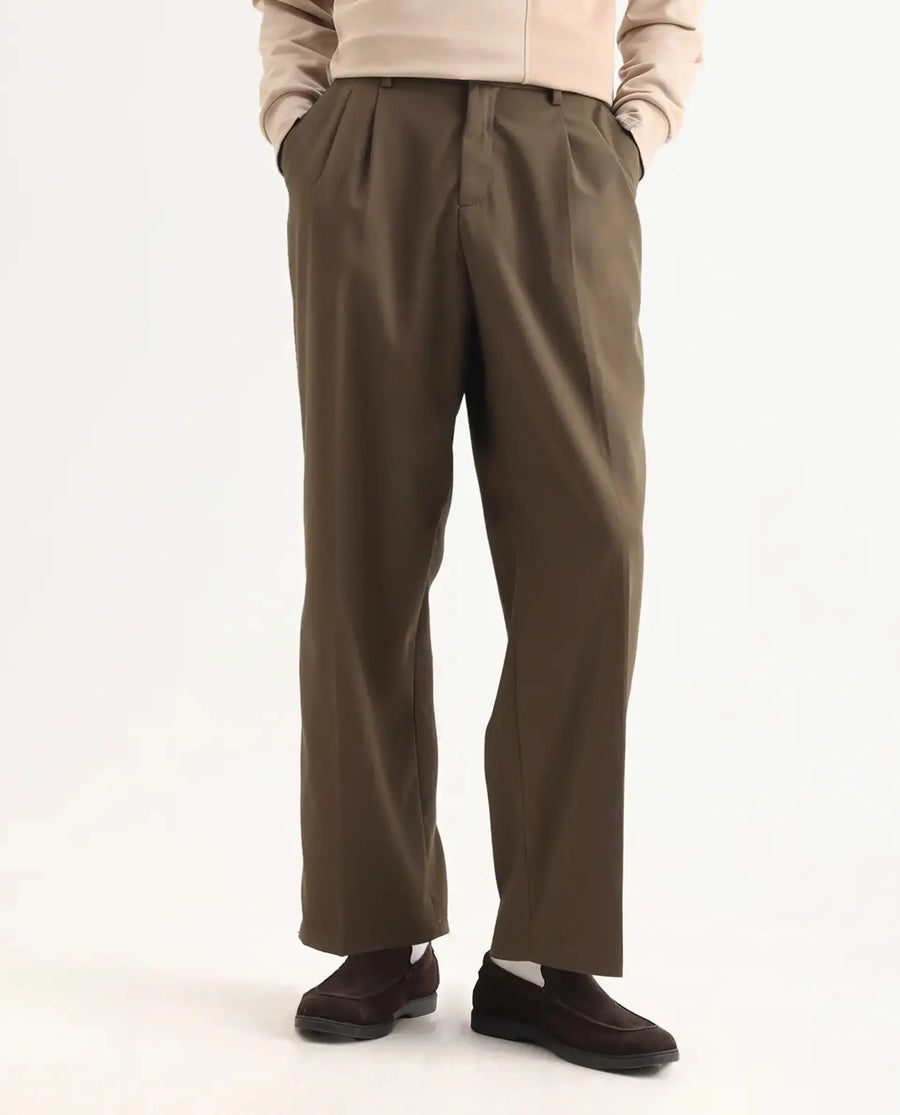 Rare Rabbit Men's Enzot Olive Cotton Plain Relaxed Fit Trouser