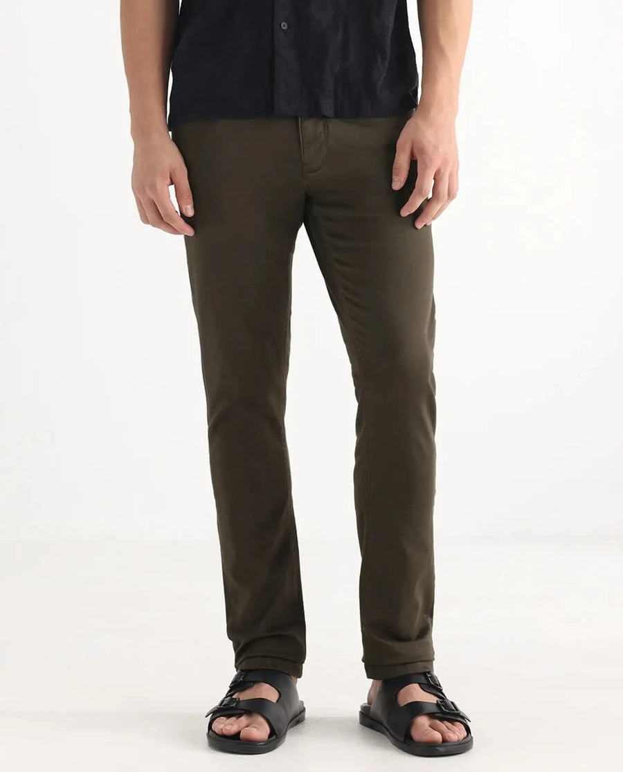 Rare Rabbit Men's Essen Dark Olive Cotton Plain Hawk Slim Fit Jeans