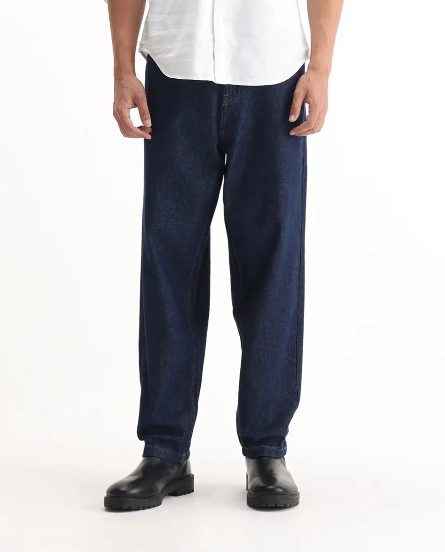 Rare Rabbit Men's Evet-2 Dark Blue Cotton Plain Baggy Fit Jeans