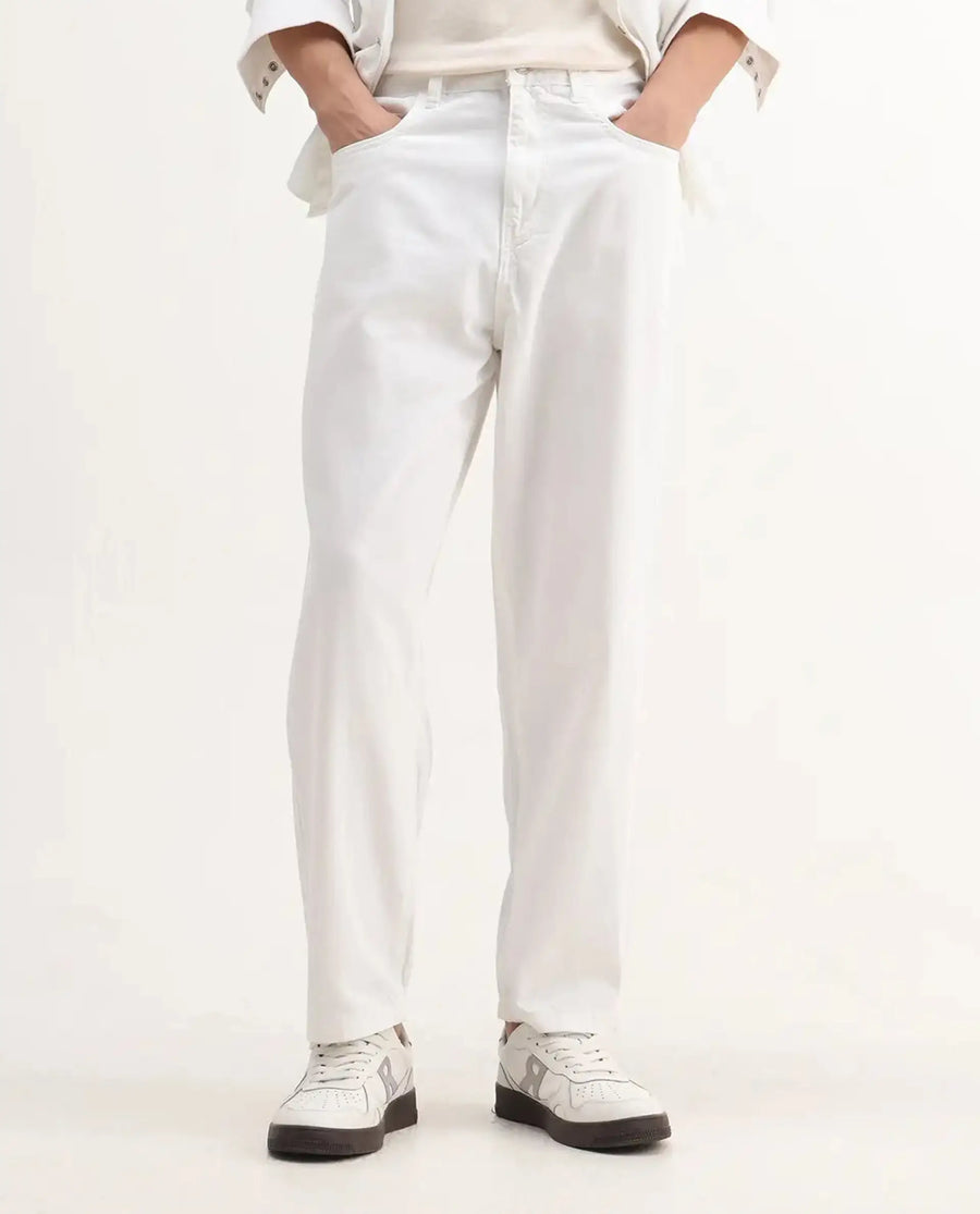 Rare Rabbit Men's Evet-2 White Cotton Plain Baggy Fit Jeans