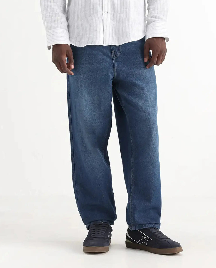 Rare Rabbit Men's Evet Blue Cotton Plain Baggy Fit Jeans
