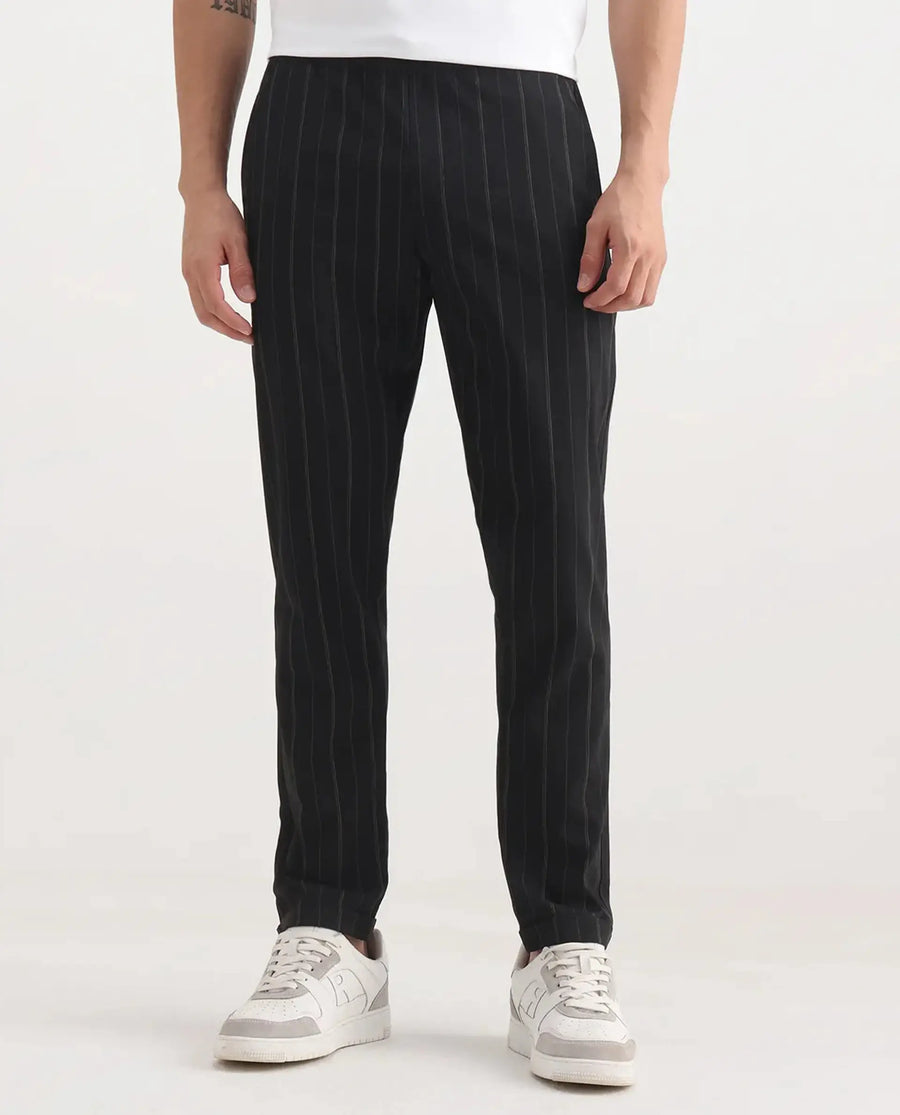 Rare Rabbit Men's Evita Black Cotton Striped Print Regular Fit Trouser