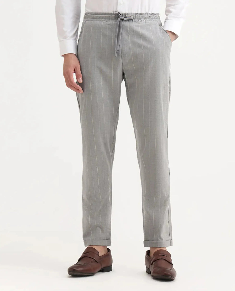 Rare Rabbit Men's Evita Grey Cotton Striped Print Regular Fit Trouser