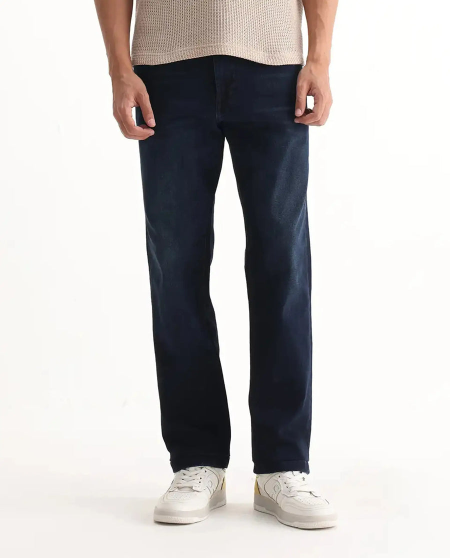 Rare Rabbit Men's Evolve Dark Navy Cotton Blend Plain Morris Regular Fit Jeans