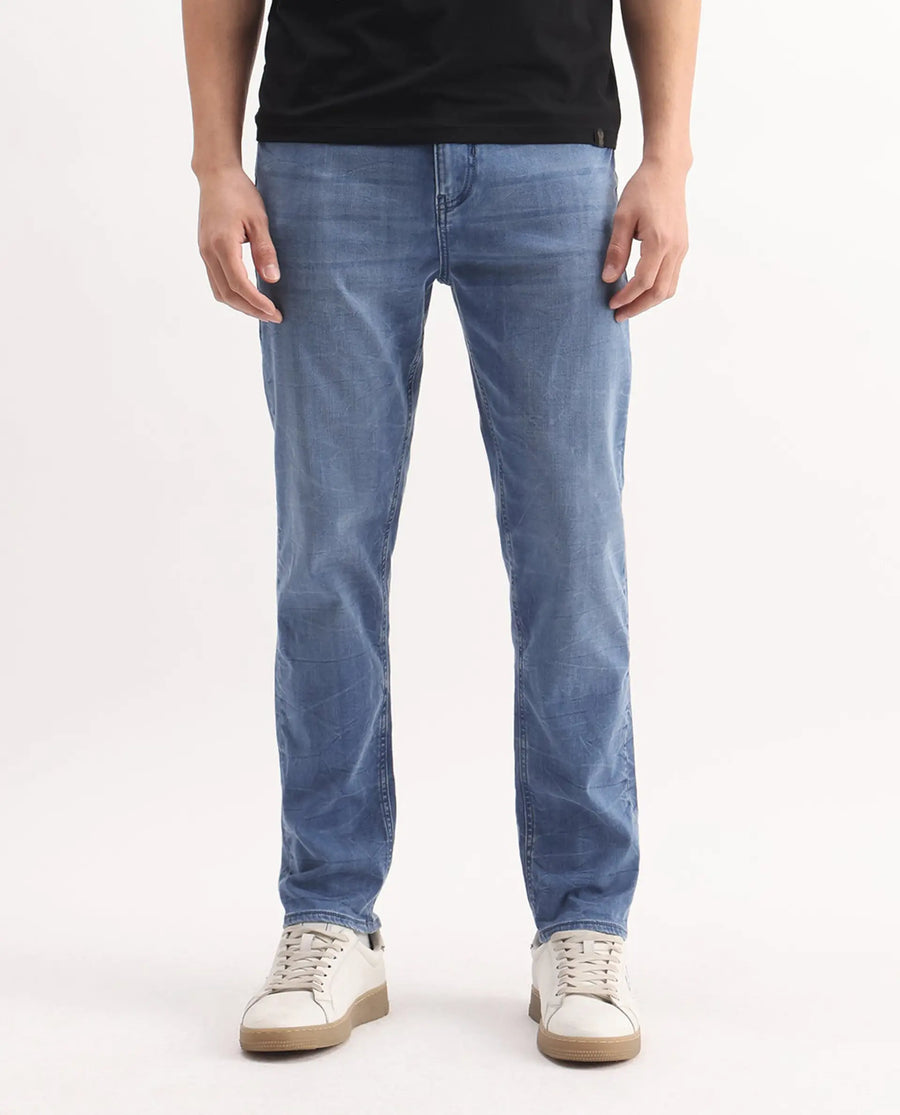 Rare Rabbit Men's Felix-K Blue Cotton Blend Plain Kurt Carrot Fit Jeans