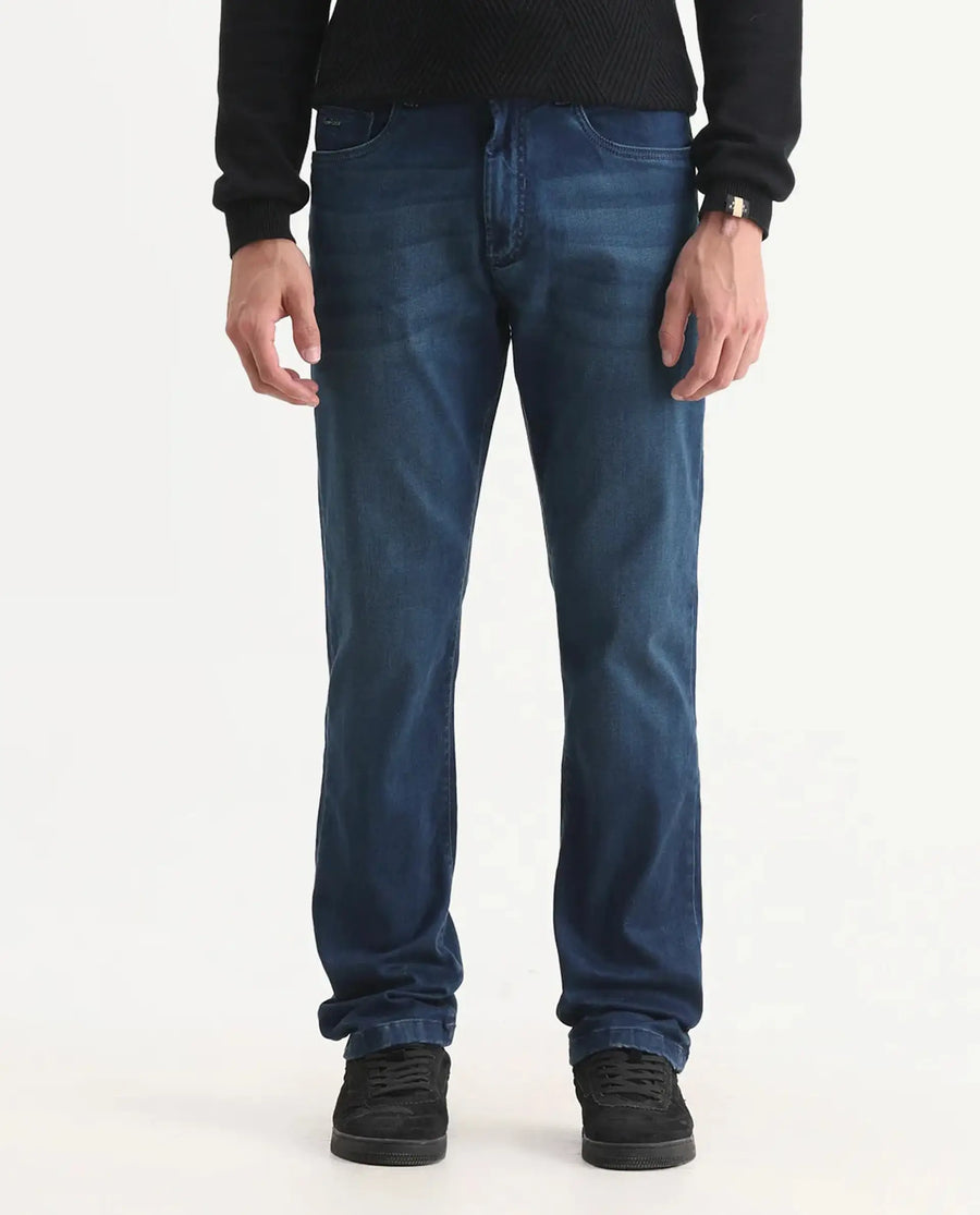 Rare Rabbit Men's Felix-M Dark Blue Cotton Blend Fabric Morris Regular Fit Plain Jeans
