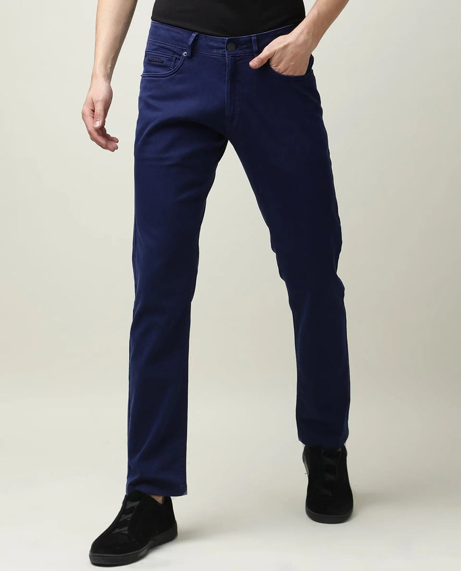 Rare Rabbit Men's Fiv5 Blue Cotton Plain Slim Fit Trouser