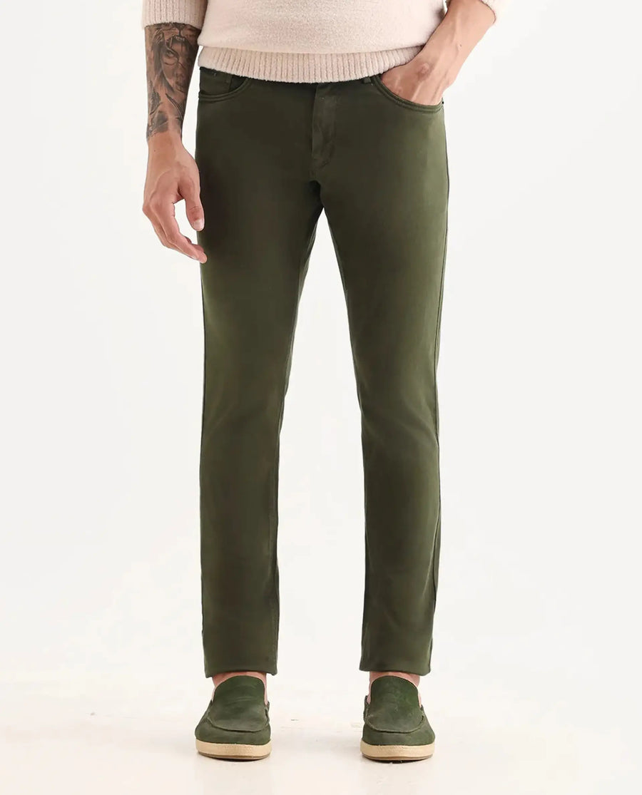 Rare Rabbit Men's Fiv5 Olive Cotton Plain Slim Fit Trouser