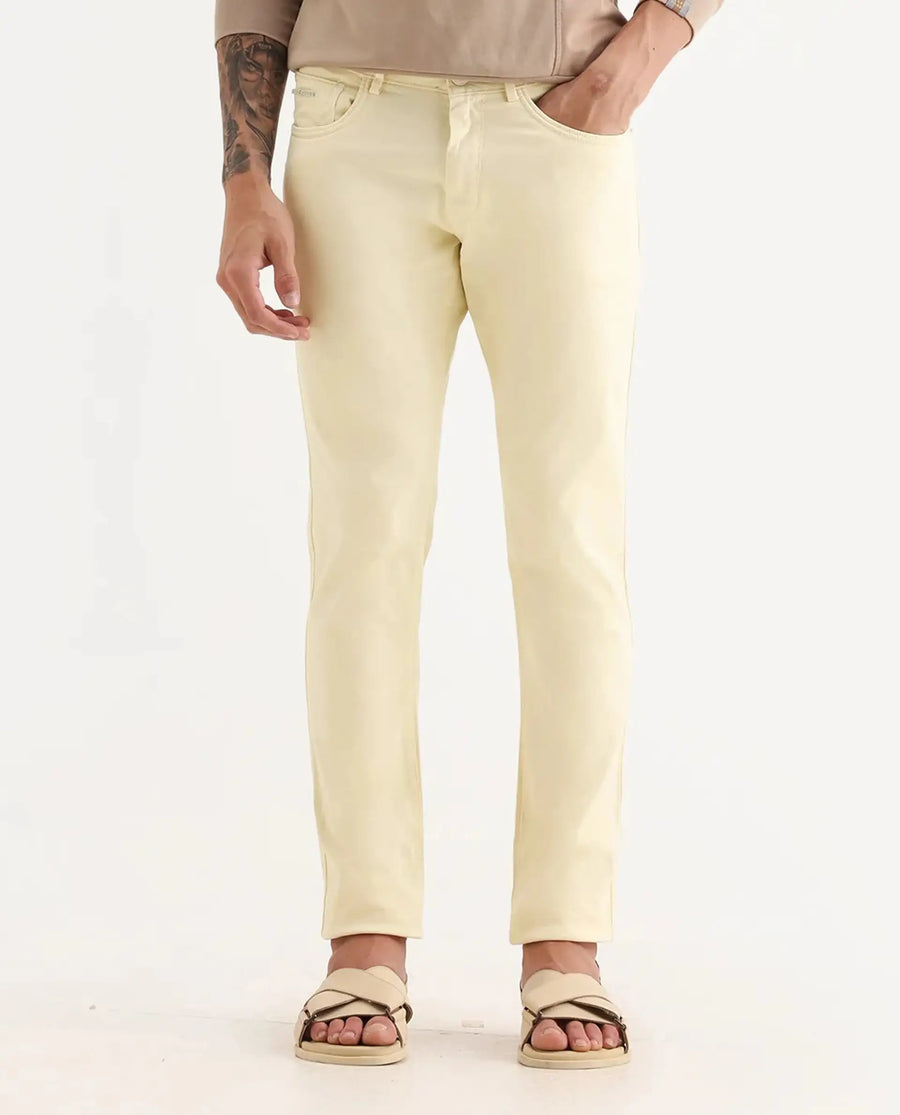 Rare Rabbit Men's Fiv5 Yellow Cotton Plain Slim Fit Trouser