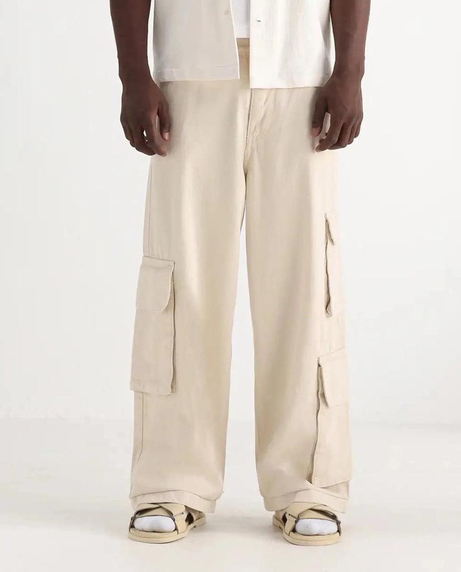 Rare Rabbit Men's Freks Beige Cotton Plain Baggy Fit Jeans