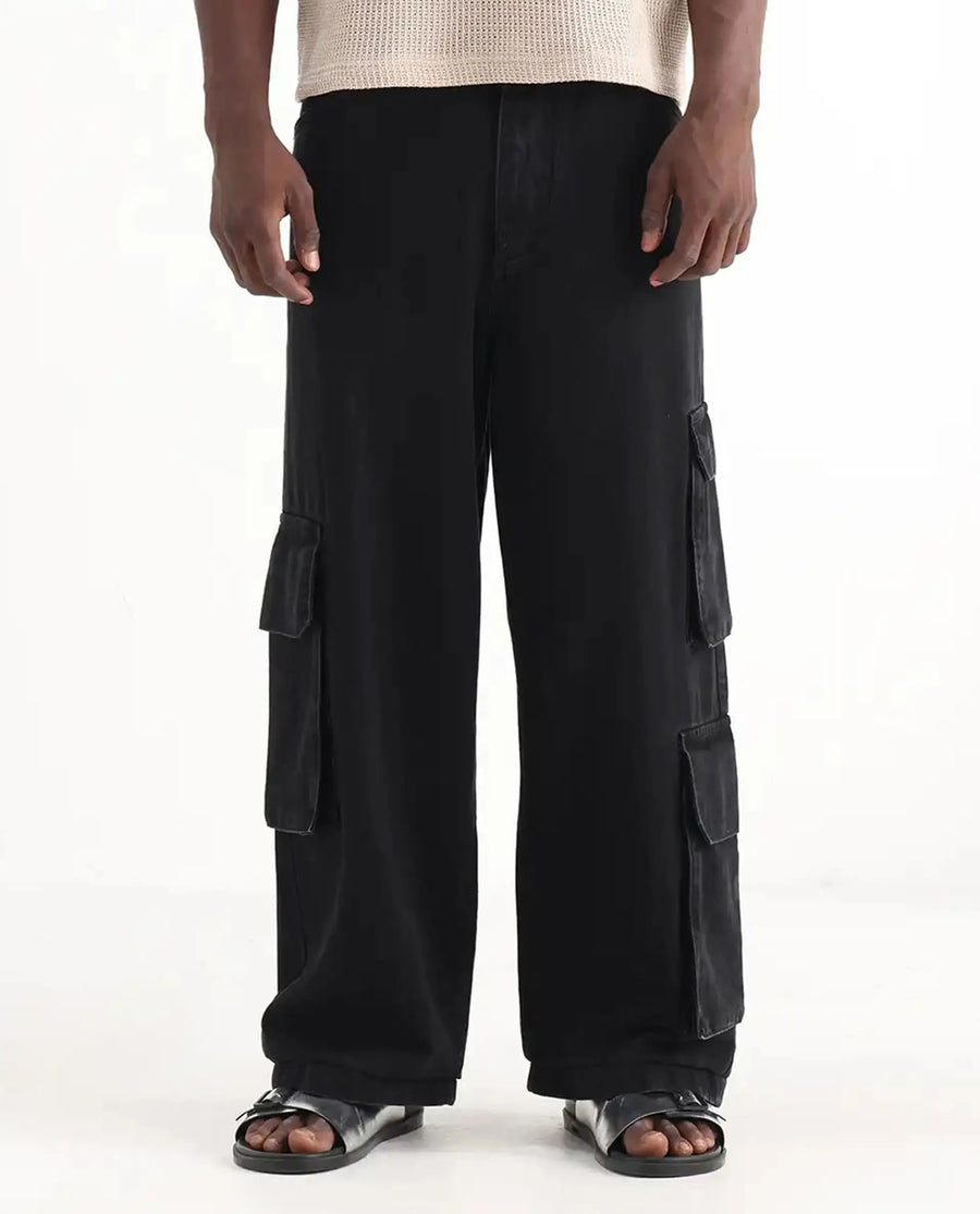 Rare Rabbit Men's Freks Black Cotton Plain Baggy Fit Jeans