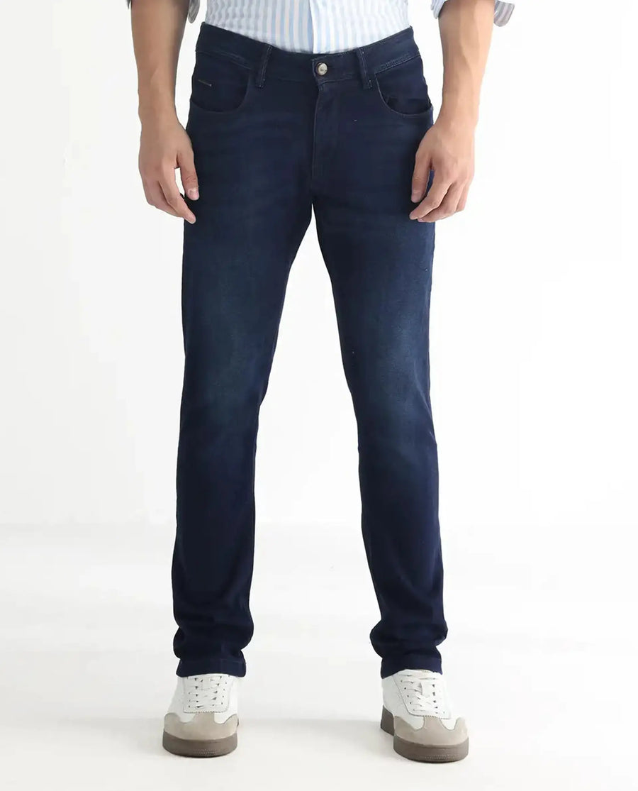 Rare Rabbit Men's Gaza Blue Cotton Plain Hawk Slim Fit Jeans