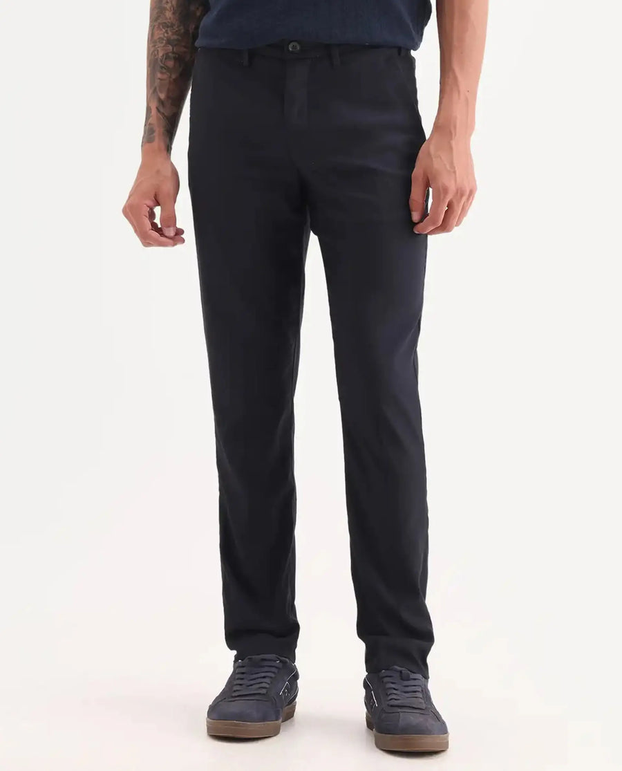 Rare Rabbit Men's Glade Dark Navy Viscose Plain Slim Fit Trouser