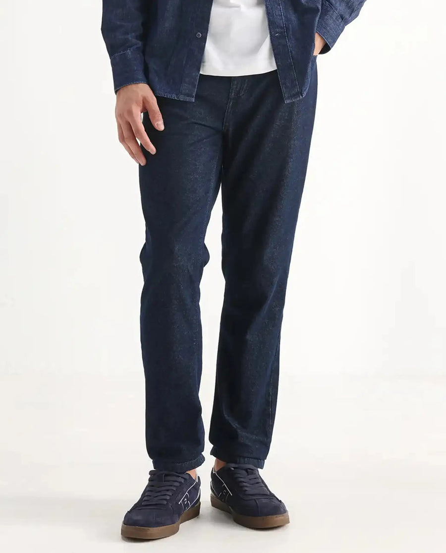 Rare Rabbit Men's Gleb Dark Blue Cotton Plain Kurt Carrot Fit Jeans