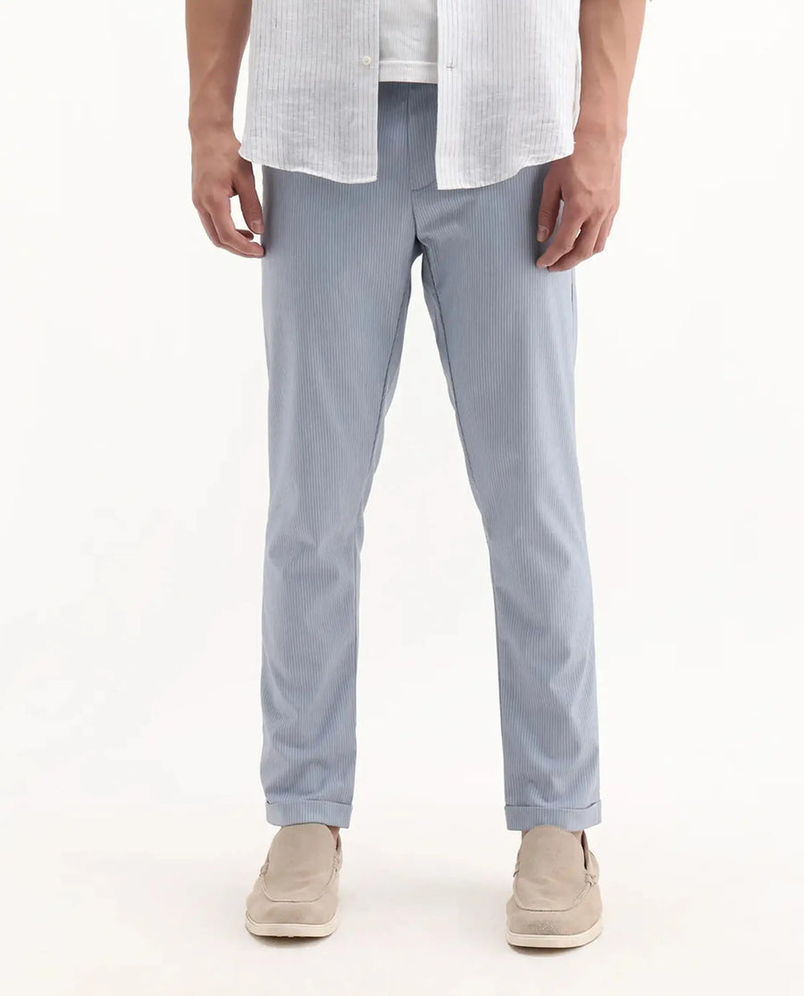 Rare Rabbit Men's Glew Pastel Blue Cotton Striped Print Regular Fit Trouser