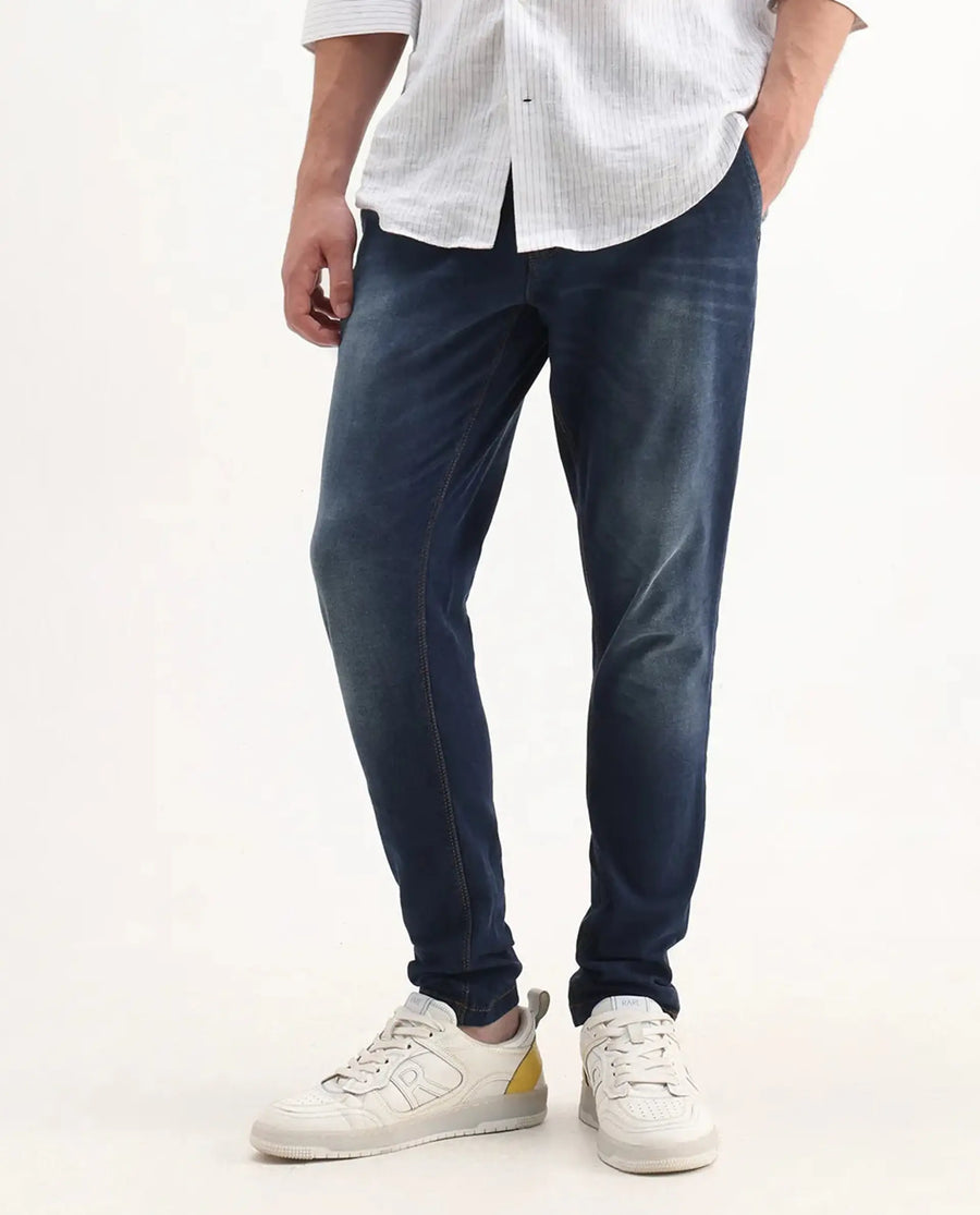 Rare Rabbit Men's Gracia Blue Cotton Plain Hawk Slim Fit Jeans