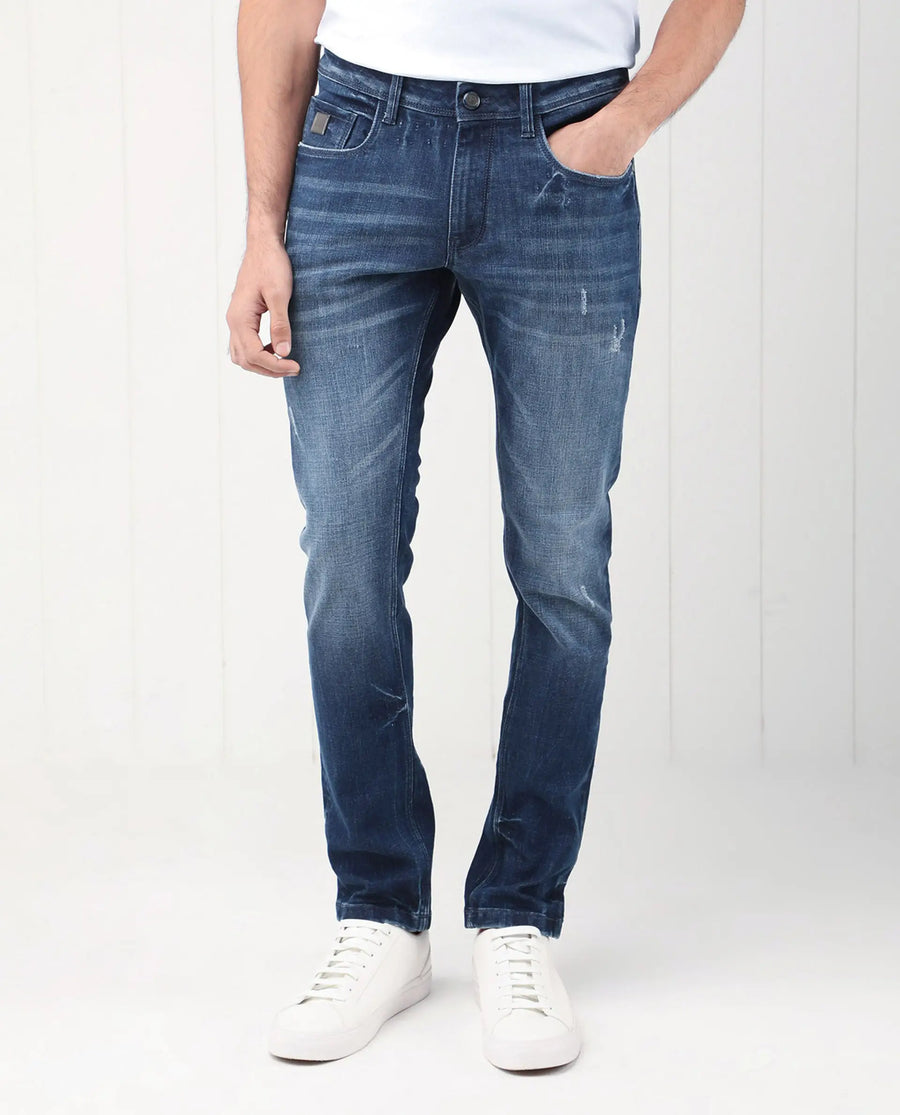 Rare Rabbit Men's Grimm Blue Cotton Plain Hawk Slim Fit Jeans
