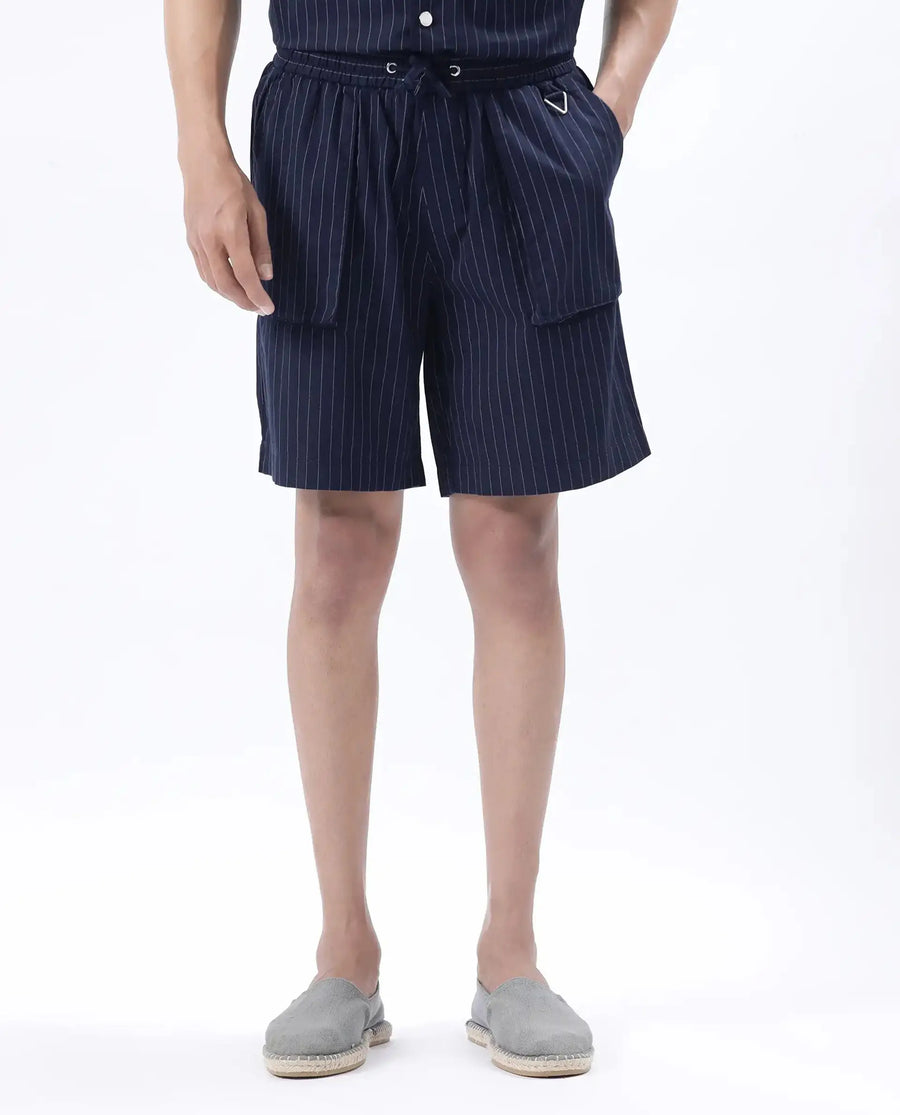Rare Rabbit Men's Habar Navy Cotton Striped Print Oversized Fit Shorts