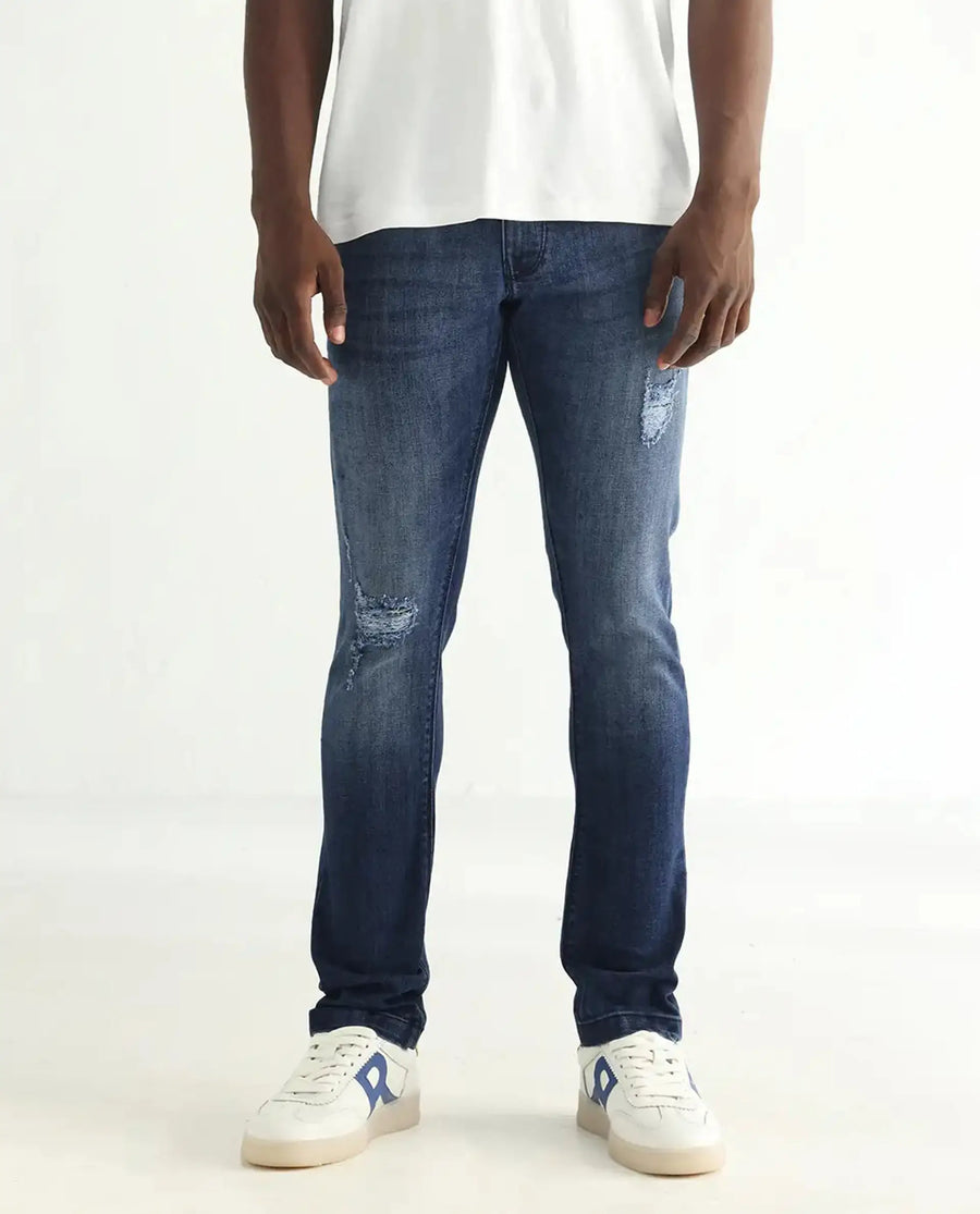 Rare Rabbit Men's Hawkins Dark Blue Cotton Plain Hawk Slim Fit Jeans