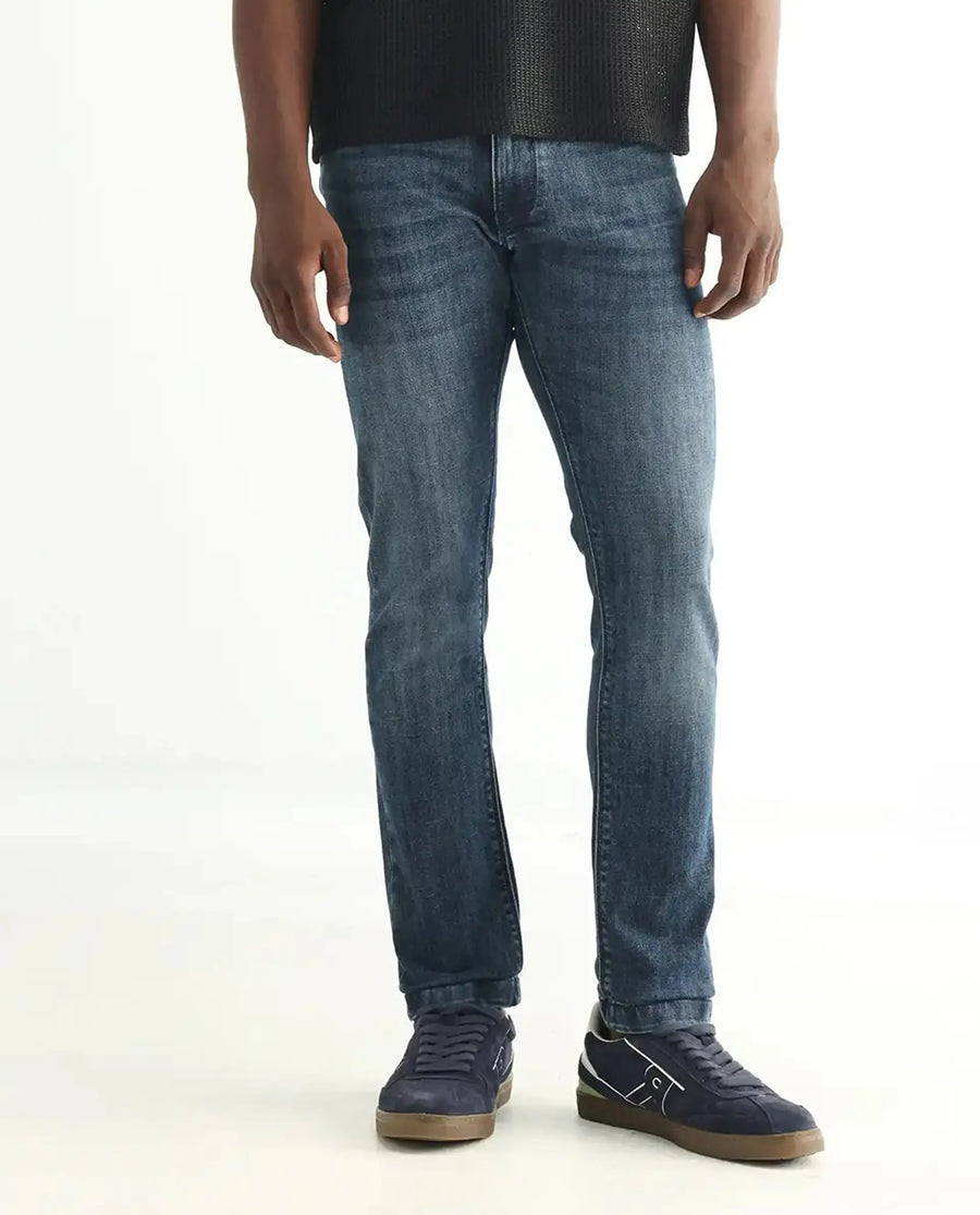 Rare Rabbit Men's Hawkins Dusky Blue Cotton Plain Hawk Slim Fit Jeans
