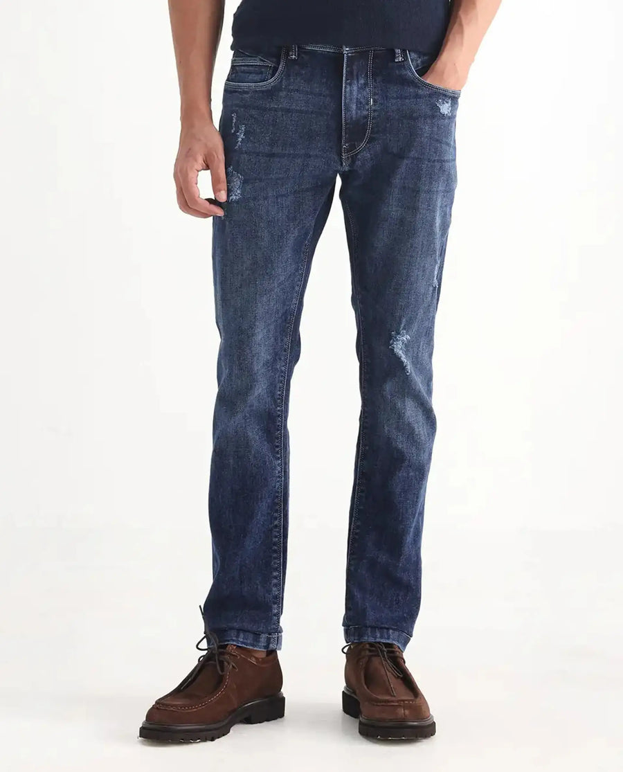 Rare Rabbit Men's Hawkins Light Blue Cotton Plain Hawk Slim Fit Jeans