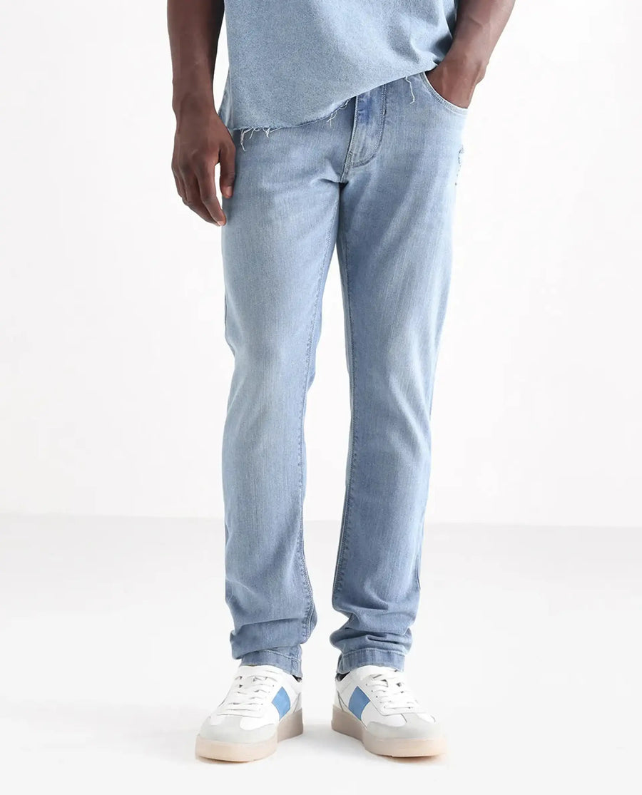 Rare Rabbit Men's Hawkins Pastel Blue Cotton Plain Hawk Slim Fit Jeans