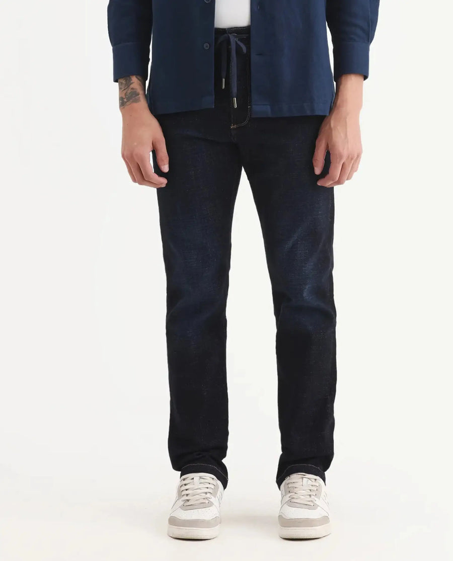 Rare Rabbit Men's Hayk Dark Blue Cotton Blend Plain Morris Regular Fit Jeans