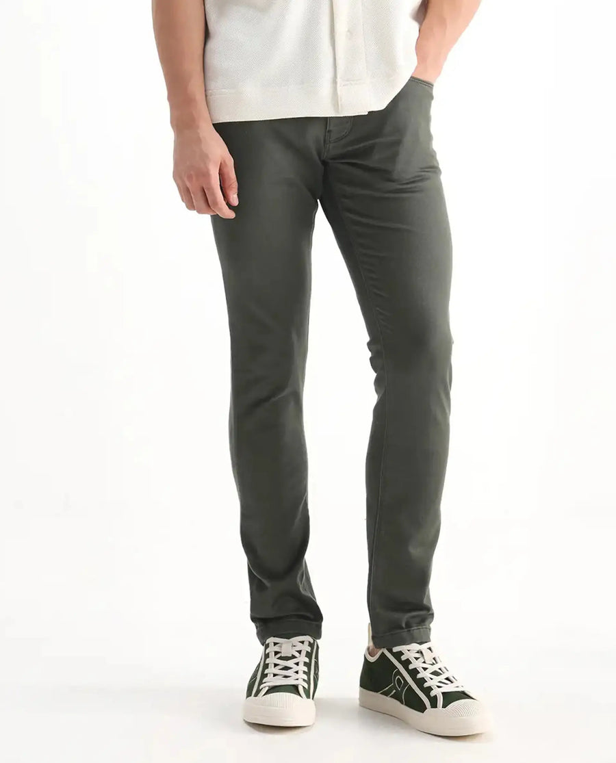 Rare Rabbit Men's Hede Olive Cotton Plain Hawk Slim Fit Jeans
