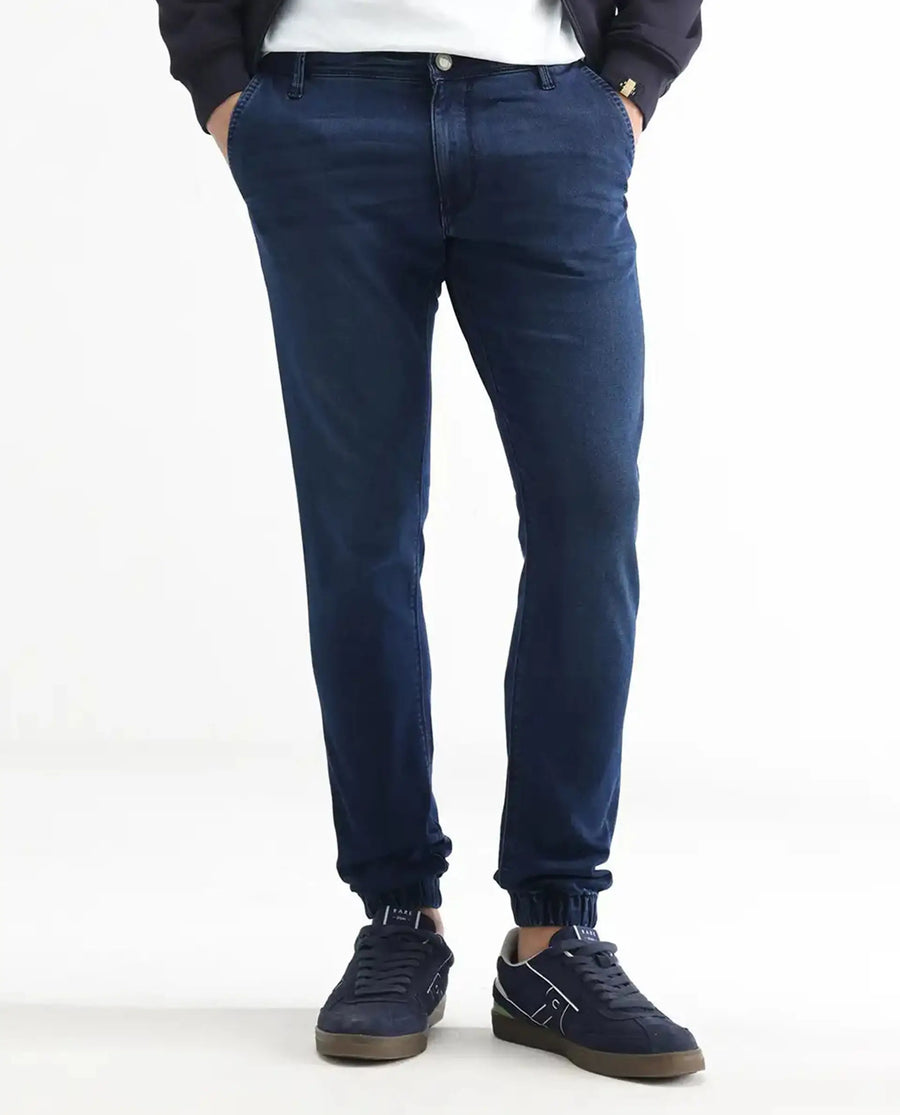 Rare Rabbit Men's Higg Blue Cotton Plain Hawk Slim Fit Jeans