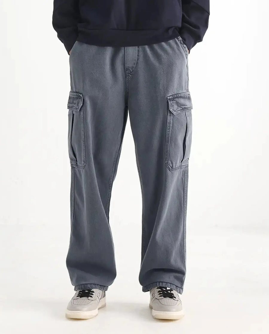 Rare Rabbit Men's Hork Blue Cotton Plain Baggy Fit Jeans