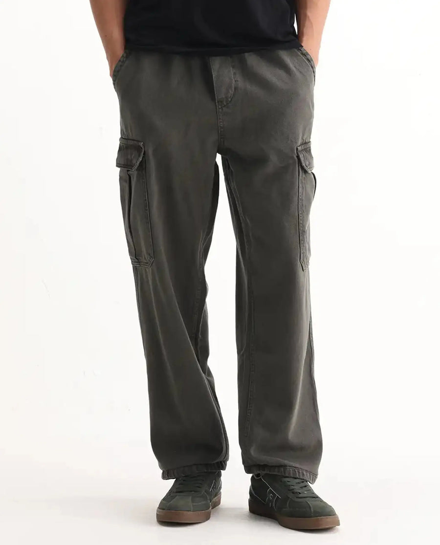 Rare Rabbit Men's Hork Dark Green Cotton Plain Baggy Fit Jeans