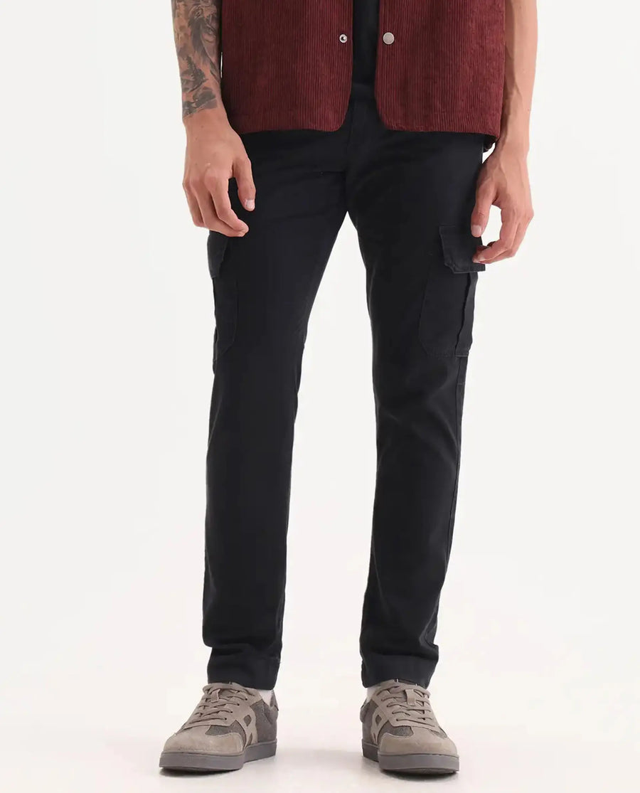 Rare Rabbit Men's Inbuil Black Cotton Plain Regular Fit Trouser