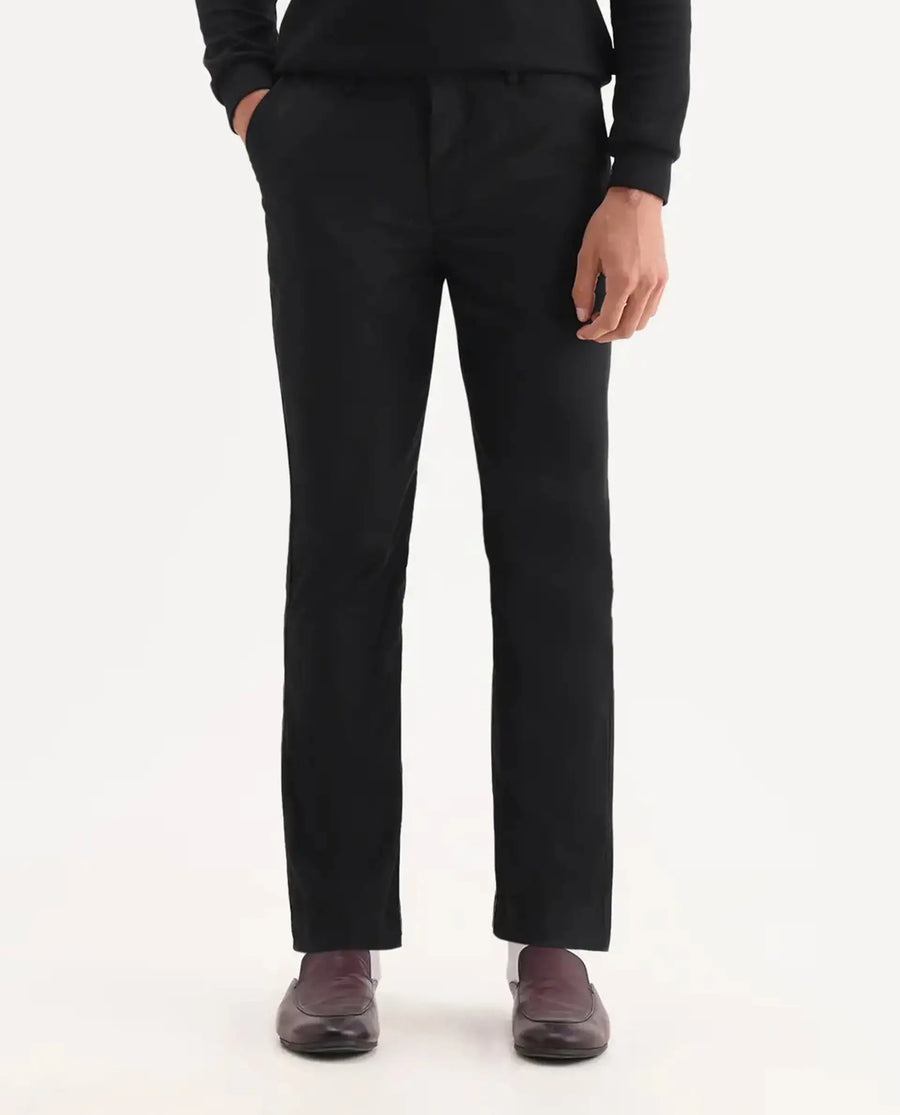 Rare Rabbit Men's Ital Black Cotton Blend Plain Regular Fit Trouser