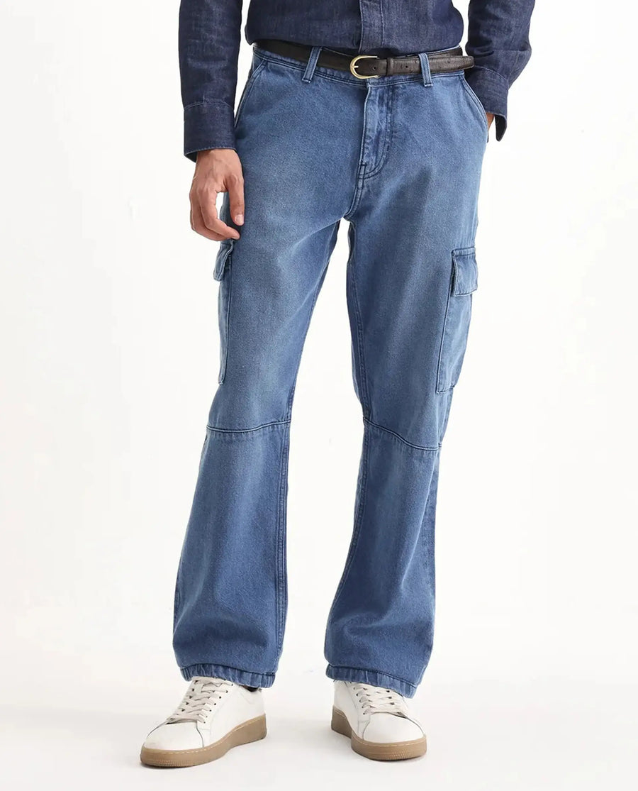 Rare Rabbit Men's Ivo Blue Cotton Plain Baggy Fit Jeans