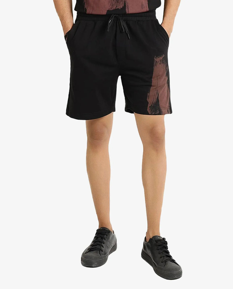 Rare Rabbit Men's Jade-B Black Cotton Blend Graphic Print Oversized Fit Shorts