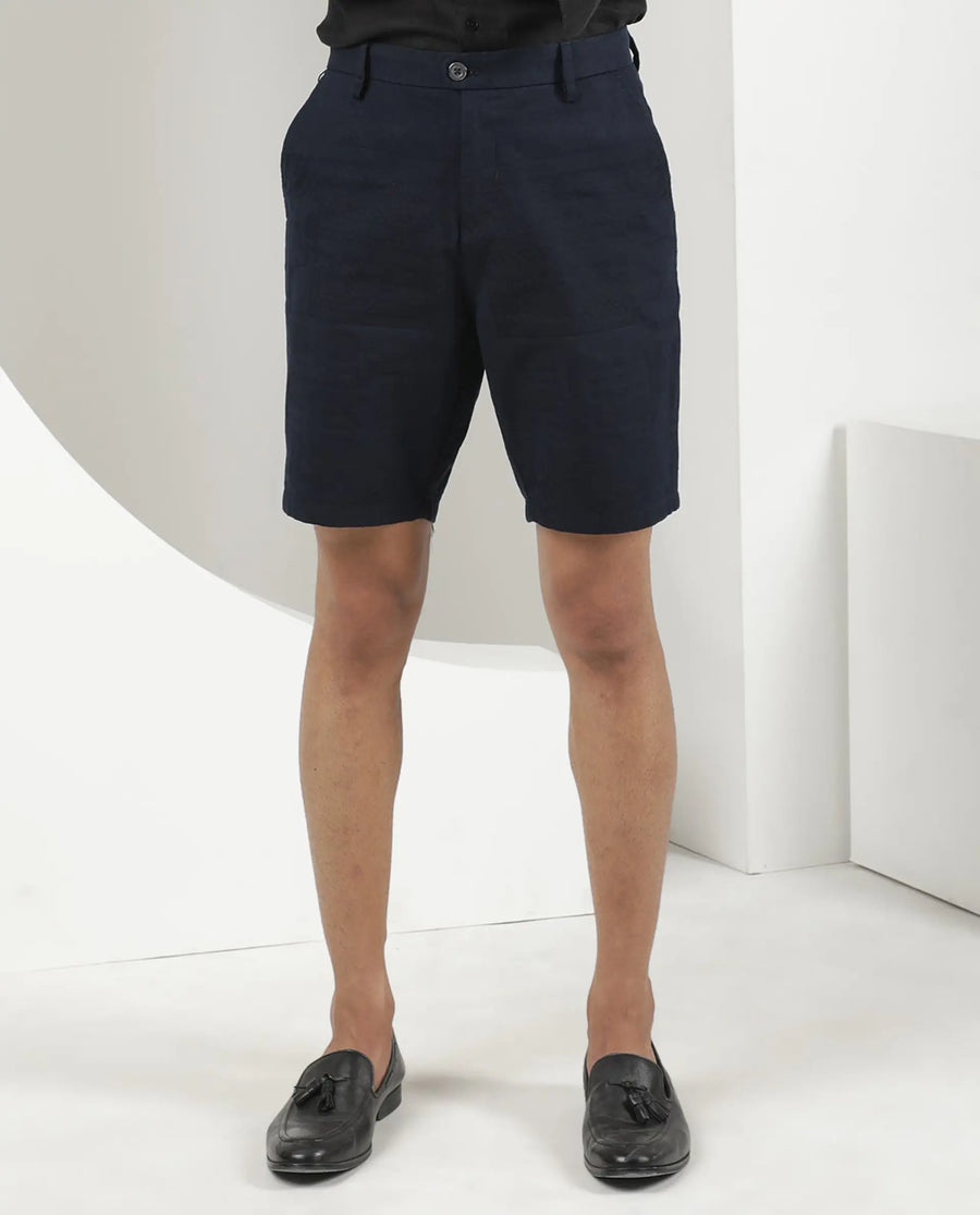 Rare Rabbit Men's Jaky Navy Cotton Jacquard Regular Fit Shorts