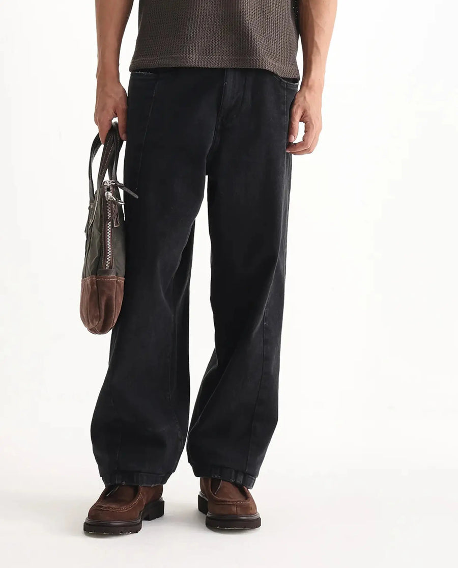 Rare Rabbit Men's Janik Grey Cotton Blend Plain Baggy Fit Jeans