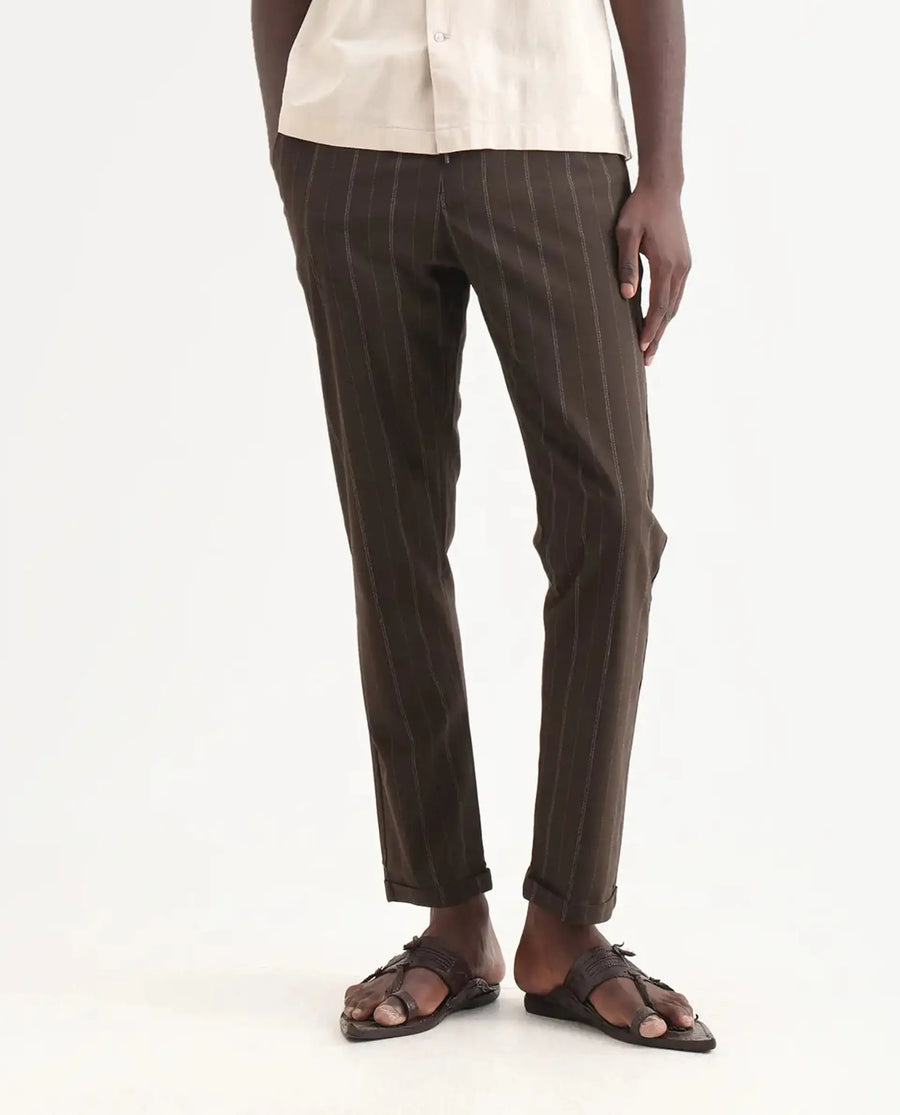 Rare Rabbit Men's Jaret Brown Cotton Striped Print Relaxed Fit Trouser