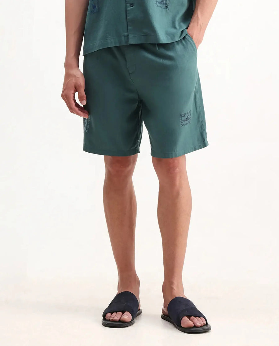 Rare Rabbit Men's Jarny-B Green Cotton Embroidered Regular Fit Shorts