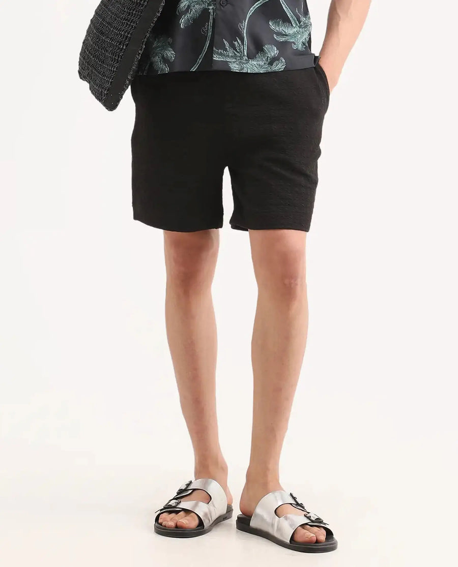 Rare Rabbit Men's Jas-2-Sh Black Polyester Blend Fabric Oversize Fit Jacquard Shorts