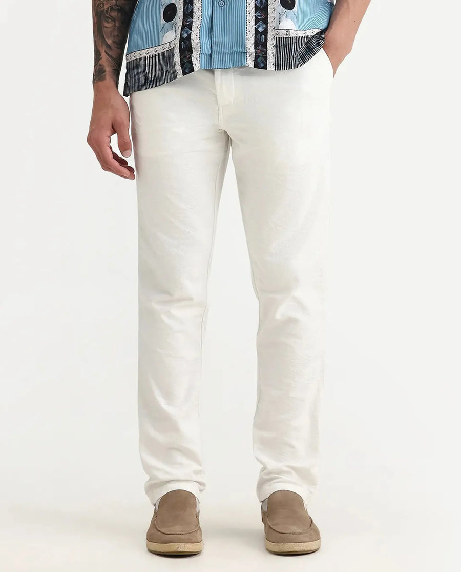 Rare Rabbit Men's Jeck-24 White Cotton Jacquard Regular Fit Trouser