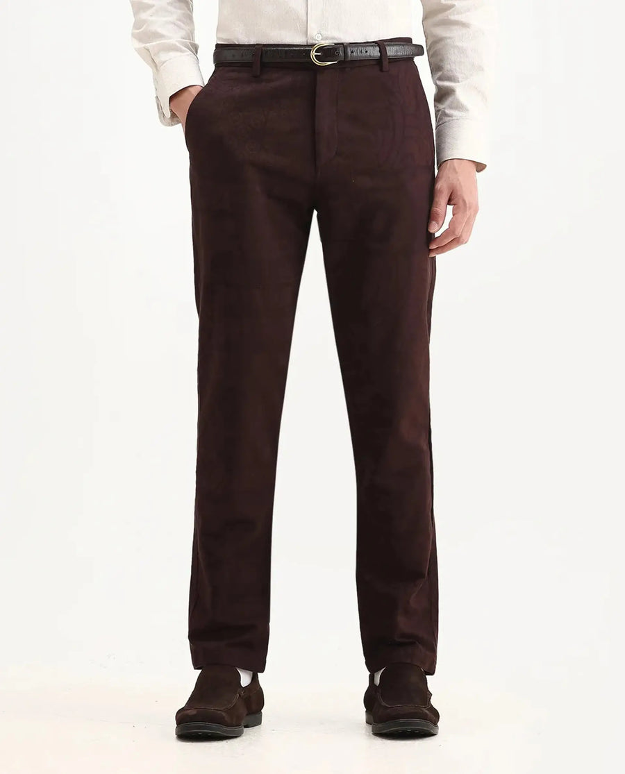 Rare Rabbit Men Jeck-Aw25 Dark Brown Cotton Fabric Button And Zip Closure Closure Jacquard Trouser