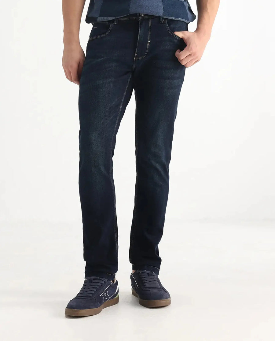 Rare Rabbit Men's Jena Dusky Blue Cotton Blend Plain Hawk Slim Fit Jeans