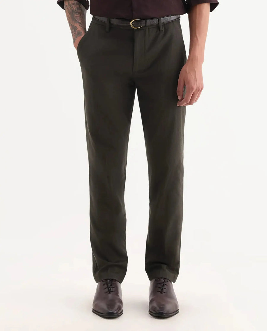 Rare Rabbit Men Jes-Aw25 Dark Olive Cotton Fabric Button Closure Plain Trouser