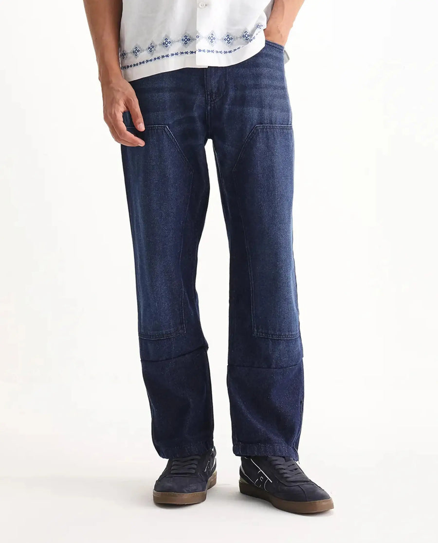 Rare Rabbit Men's Jettor Dark Blue Cotton Plain Relaxed Fit Jeans