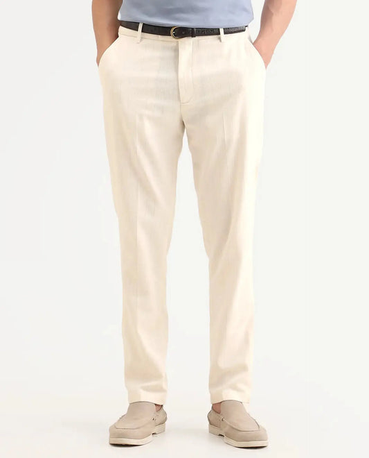 Rare Rabbit Men's Jlo-Ss26 Beige Linen Blend Fabric Regular Fit Striped Trouser