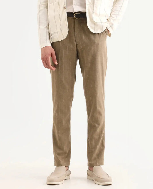 Rare Rabbit Men's Jlo-Ss26 Khaki Linen Blend Fabric Regular Fit Striped Trouser