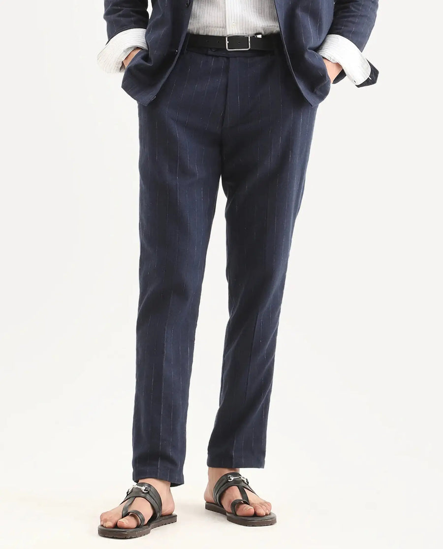 Rare Rabbit Men's Jlo-Ss26 Navy Linen Blend Fabric Regular Fit Striped Trouser