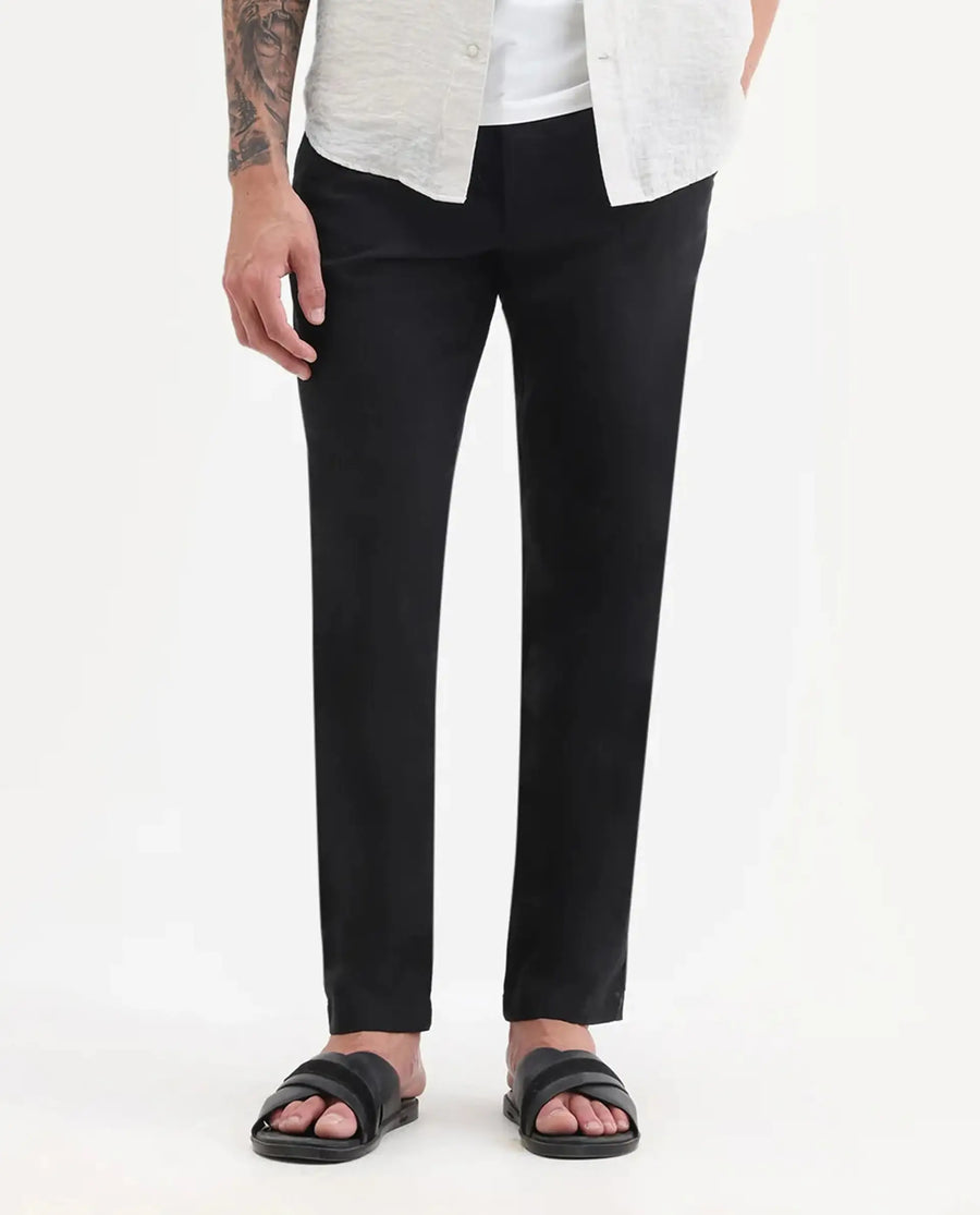 Rare Rabbit Men's Jomo-B Black Linen Blend Plain Regular Fit Trouser